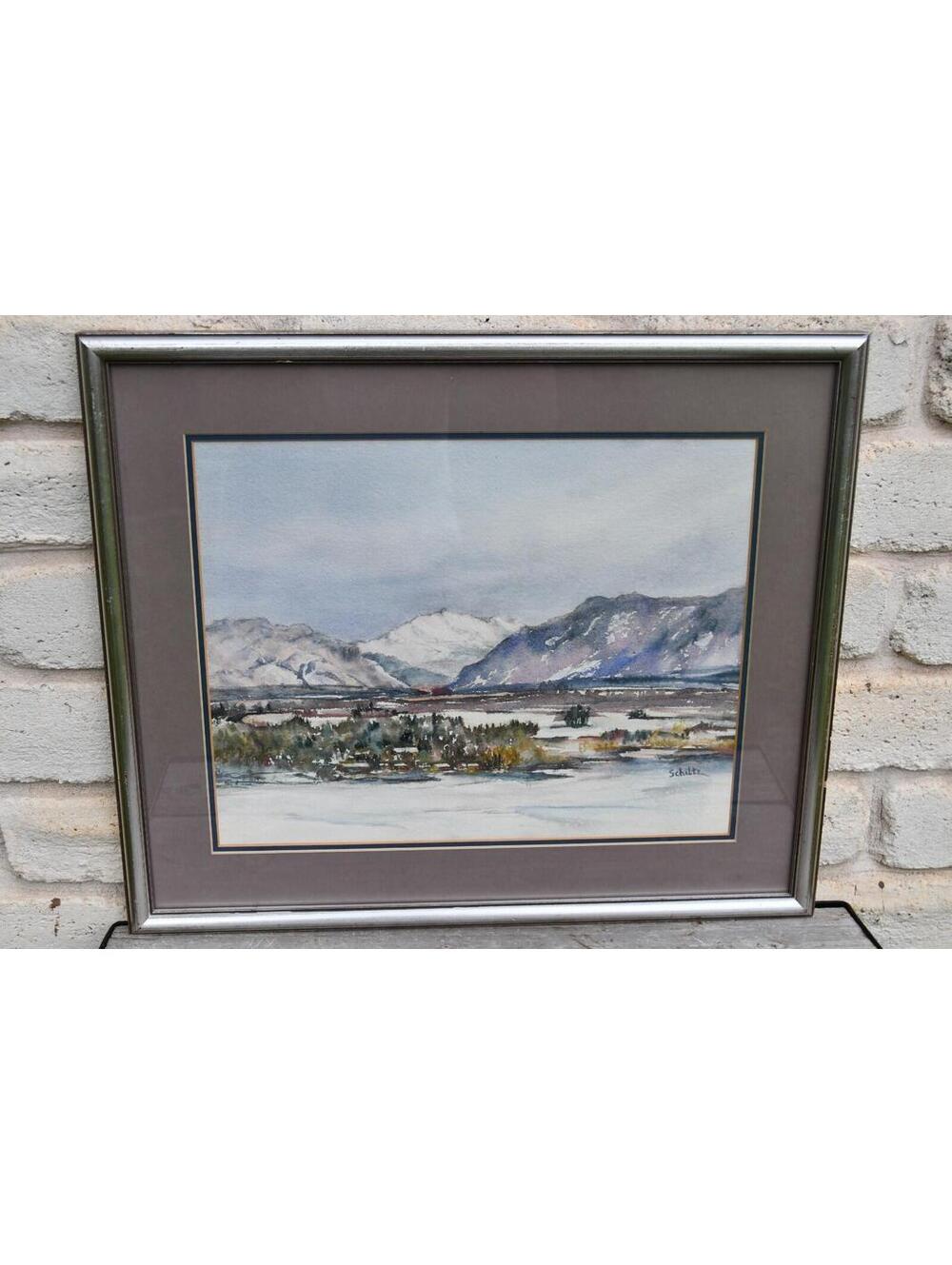 VTG Original Watercolor Western American Snow Landscape Mountain Valley Schiltz